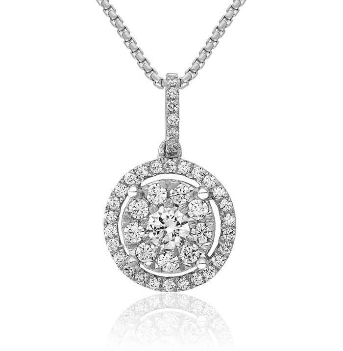 14K Solid White Gold Diamond Round Halo Necklace Chain Pendant Charm