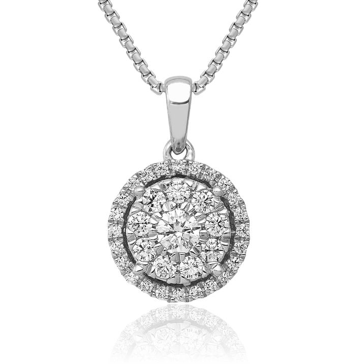 14K Solid White Gold Diamond Round Halo Necklace Chain Pendant Charm