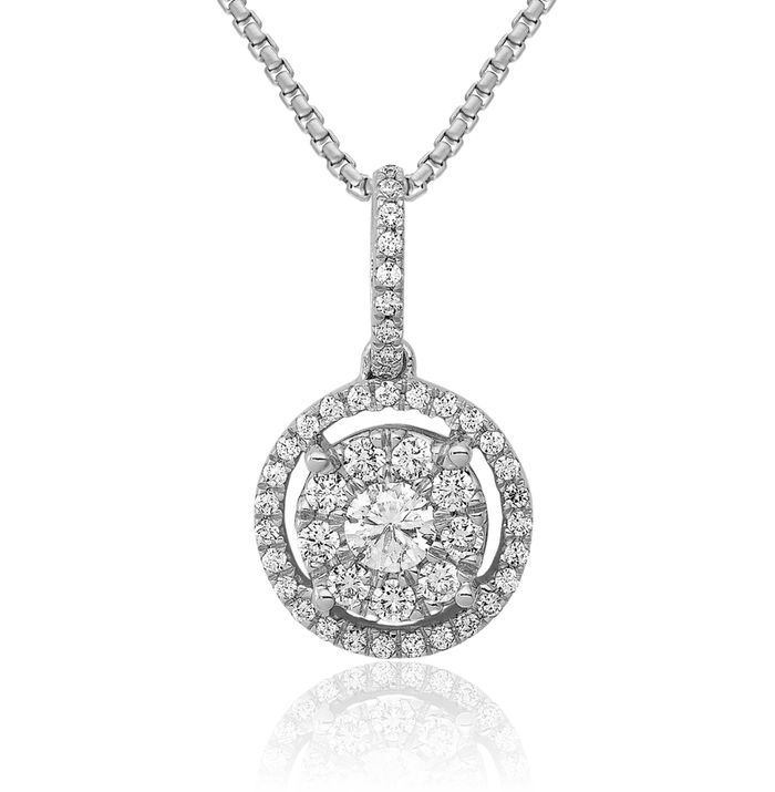 14K Solid White Gold Diamond Round Halo Necklace Chain Pendant Charm