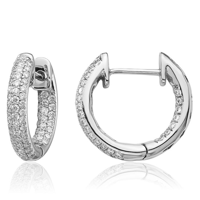 14K Solid White Gold Diamond Round Huggie Small Hoop Earrings