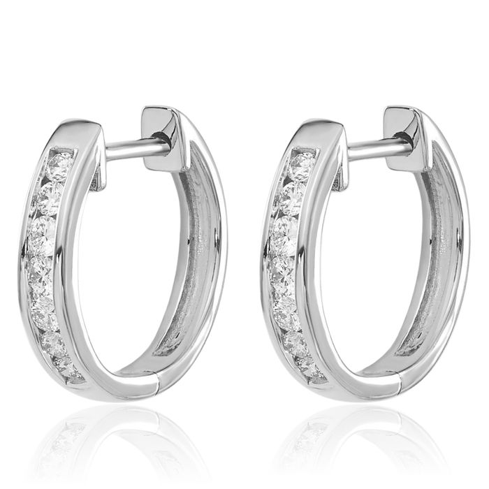 14K Solid White Gold Diamond Round Huggie Small Hoop Earrings