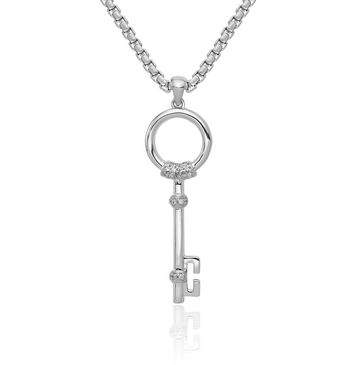 14K Solid White Gold Diamond Circle Round Key Necklace Chain Pendant Charm