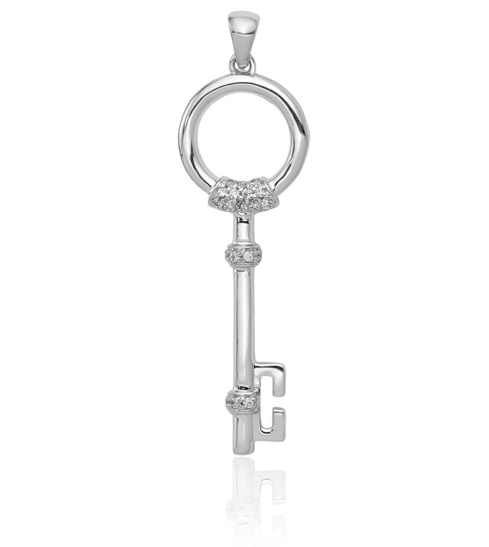 14K Solid White Gold Diamond Circle Round Key Necklace Chain Pendant Charm