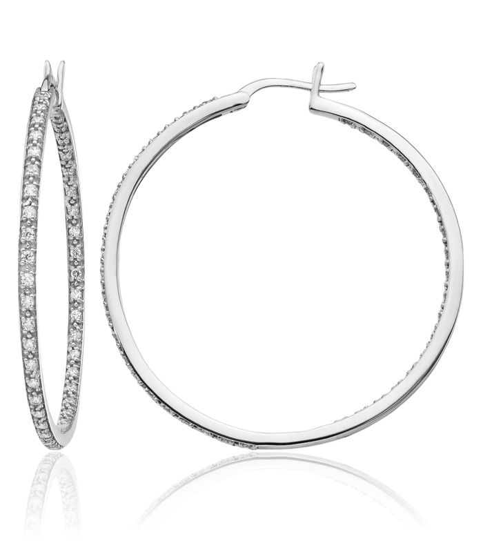 14K Solid White Gold Diamond Round Large Hoop Earrings