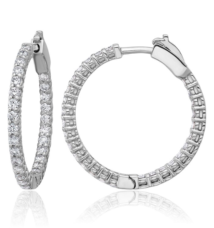 14K Solid White Gold Diamond Round Medium Hoop Earrings