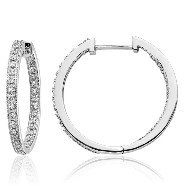 14K Solid White Gold Diamond Round Small Hoop Earrings