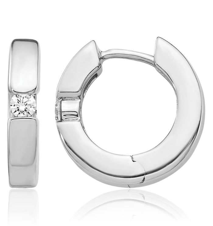 14K Solid White Gold Diamond Round Small Hoop Earrings