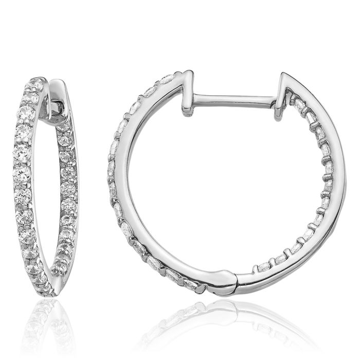 14K Solid White Gold Diamond Round Small Hoop Earrings