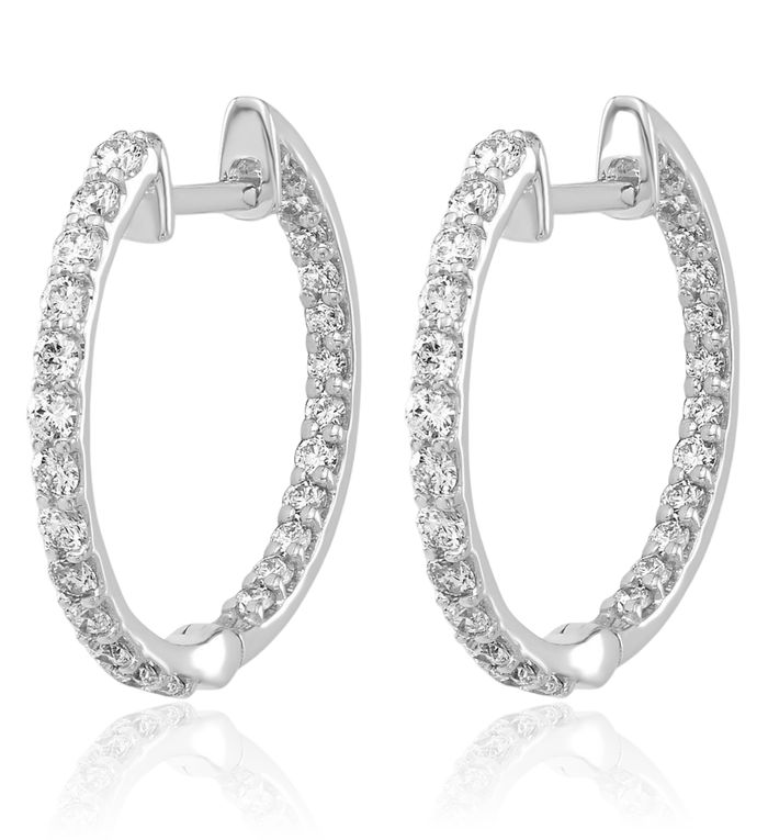 14K Solid White Gold Diamond Round Small Hoop Earrings