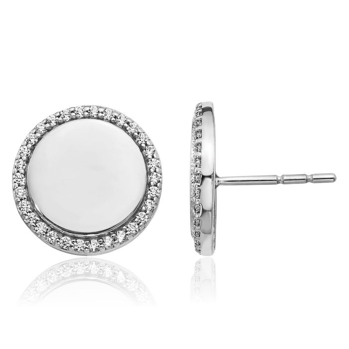 14K Solid White Gold Diamond Circle Round Stud Earrings