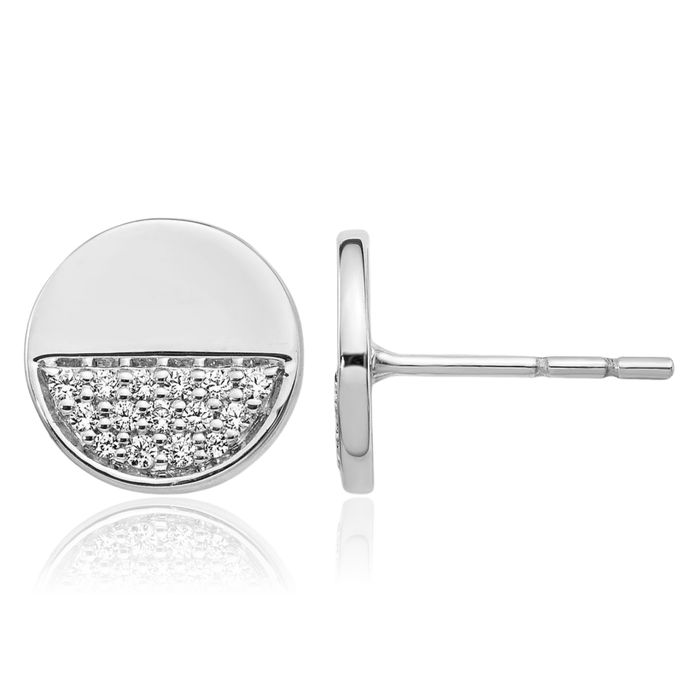 14K Solid White Gold Diamond Circle Round Stud Earrings