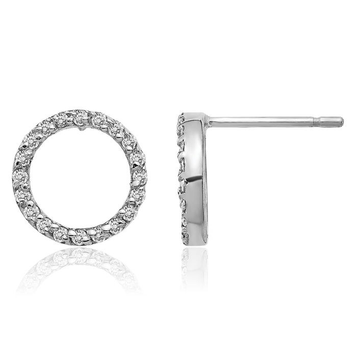 14K Solid White Gold Diamond Circle Round Stud Earrings