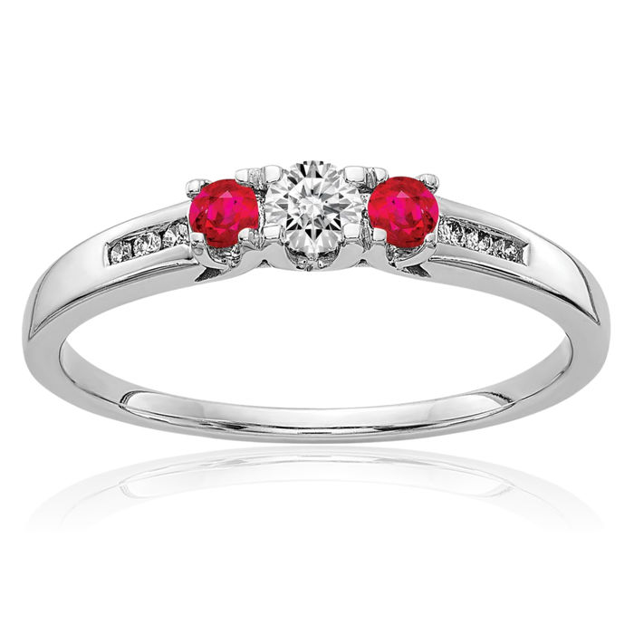 14K Solid White Gold Diamond Red Ruby 3 Stone Ring Gemstone Band July Birthstone Jewelry