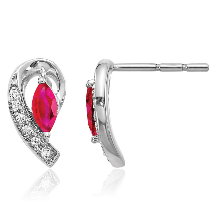 14K Solid White Gold Diamond Red Ruby Drop Dangle Earrings Gemstone Post Push Back
