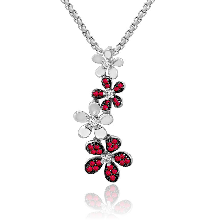 14K Solid White Gold Diamond Red Ruby Four Flowers Floating Chain Slide Gemstone Pendant Necklace Charm