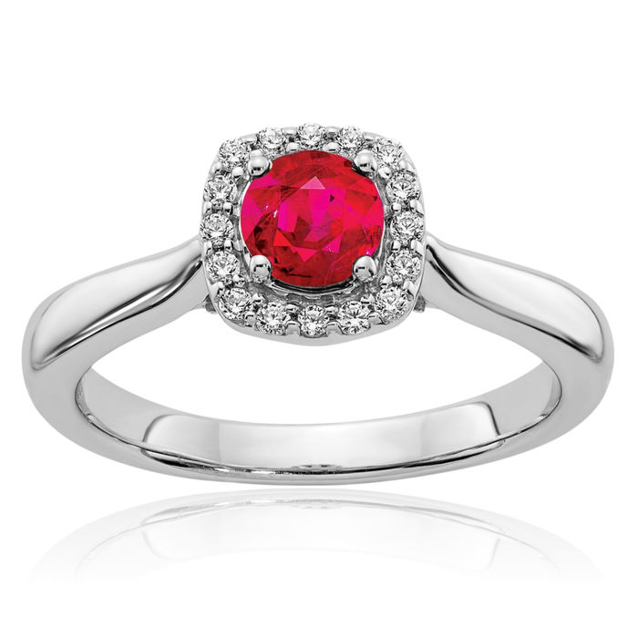 14K Solid White Gold Diamond Red Ruby Halo Round Ring Gemstone Band July Birthstone Jewelry