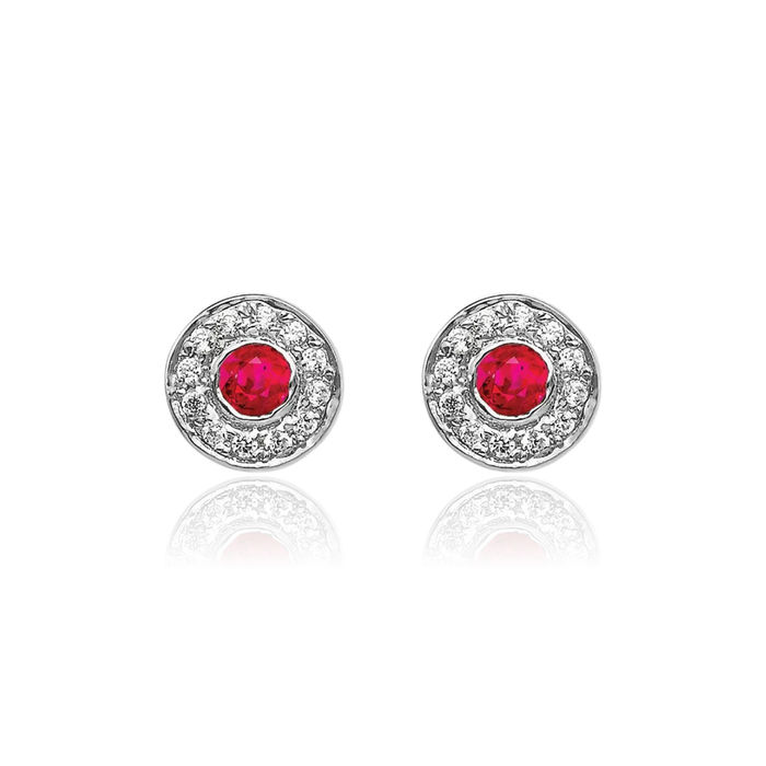 14K Solid White Gold Diamond Red Ruby Halo Round Studs Gemstone Earrings