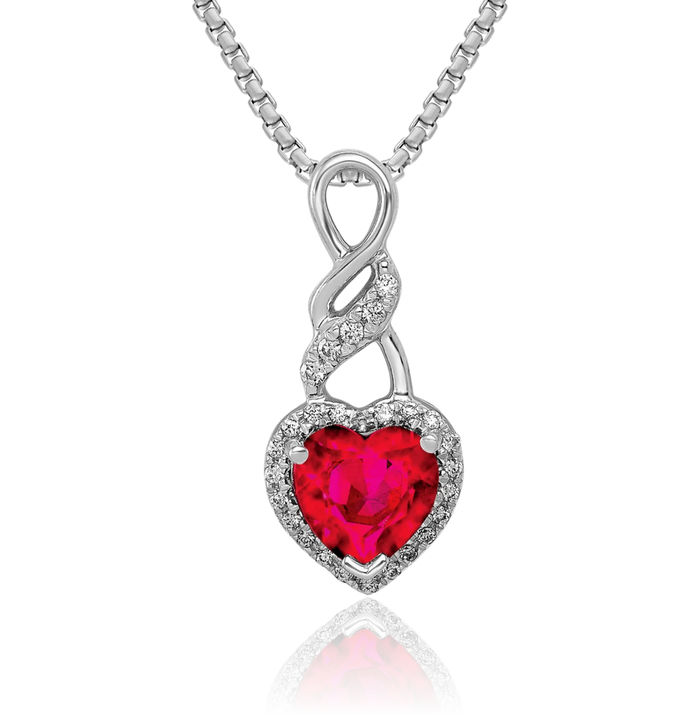 14K Solid White Gold Diamond Red Ruby Heart Floating Chain Slide Pendant Necklace Gemstone Charm