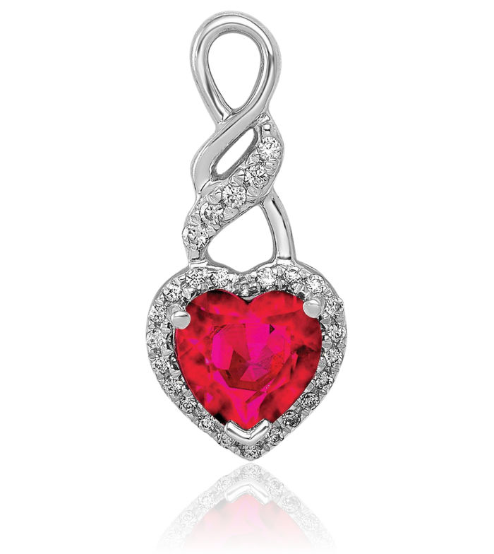 14K Solid White Gold Diamond Red Ruby Heart Floating Chain Slide Pendant Necklace Gemstone Charm