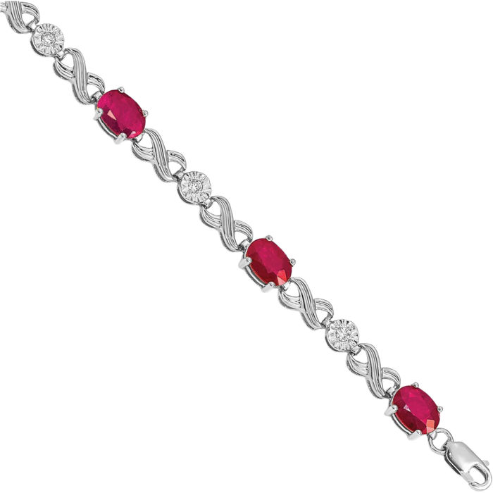 14K Solid White Gold Diamond Red Ruby Infinity Twisted Love Knot Symbol Chain Bracelet