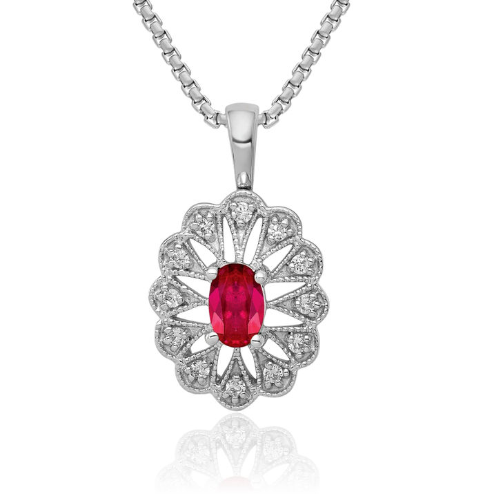 14K Solid White Gold Diamond Red Ruby Necklace Gemstone Pendant Charm July Birthstone Jewelry