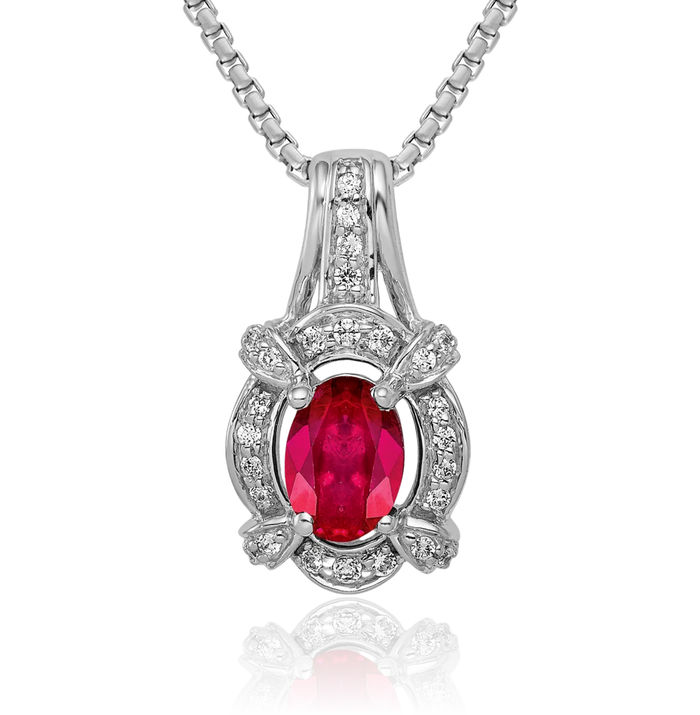 14K Solid White Gold Diamond Red Ruby Necklace Charm Gemstone Pendant