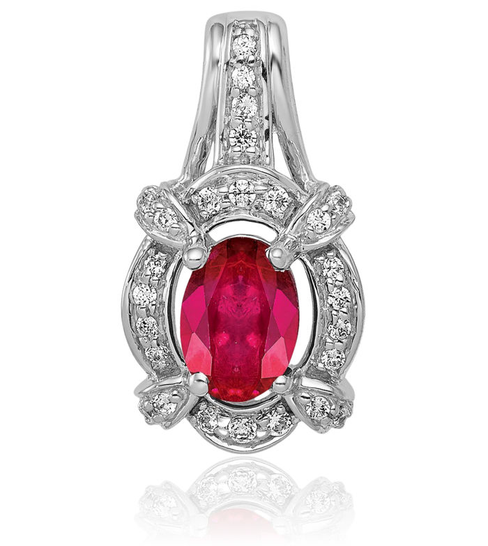 14K Solid White Gold Diamond Red Ruby Necklace Charm Gemstone Pendant