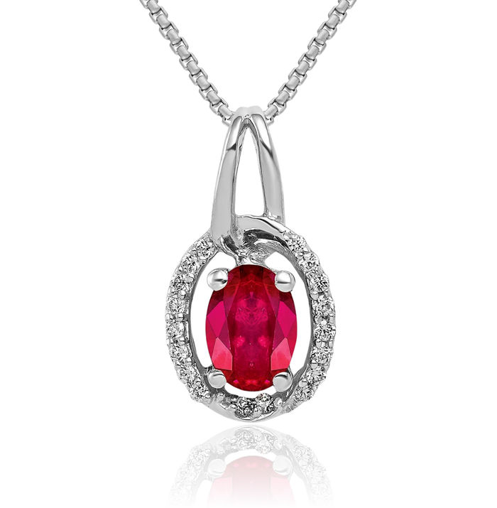 14K Solid White Gold Diamond Red Ruby Oval Halo Necklace Gemstone Pendant Charm