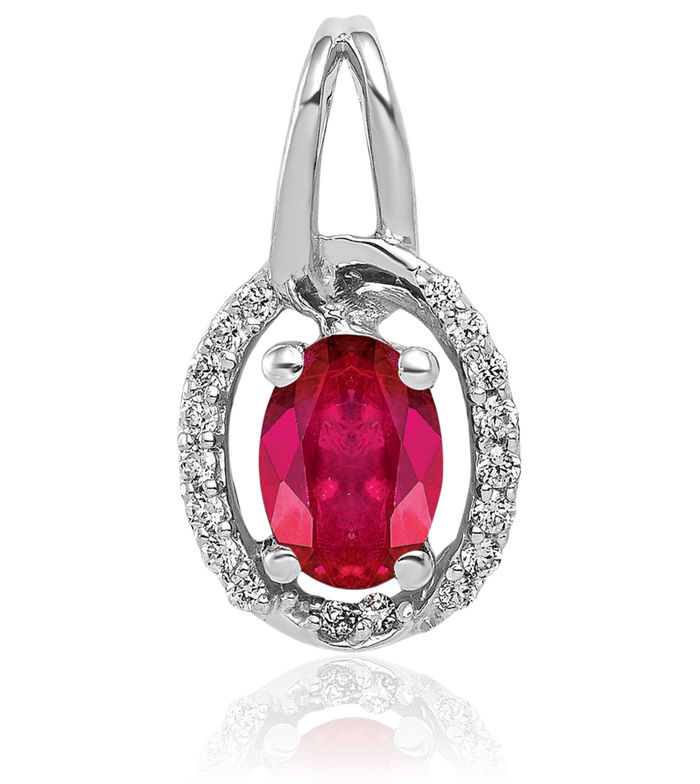 14K Solid White Gold Diamond Red Ruby Oval Halo Necklace Gemstone Pendant Charm