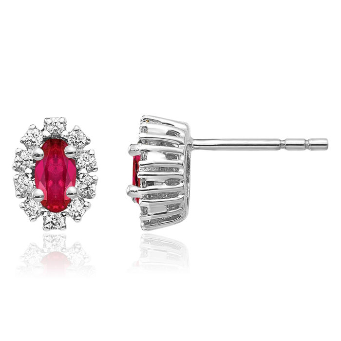 14K Solid White Gold Diamond Red Ruby Oval Halo Stud Earrings Gemstone Post Push Back