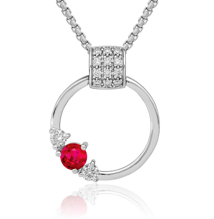 14K Solid White Gold Diamond Red Ruby Circle Round Floating Chain Slide Pendant Necklace Gemstone Charm