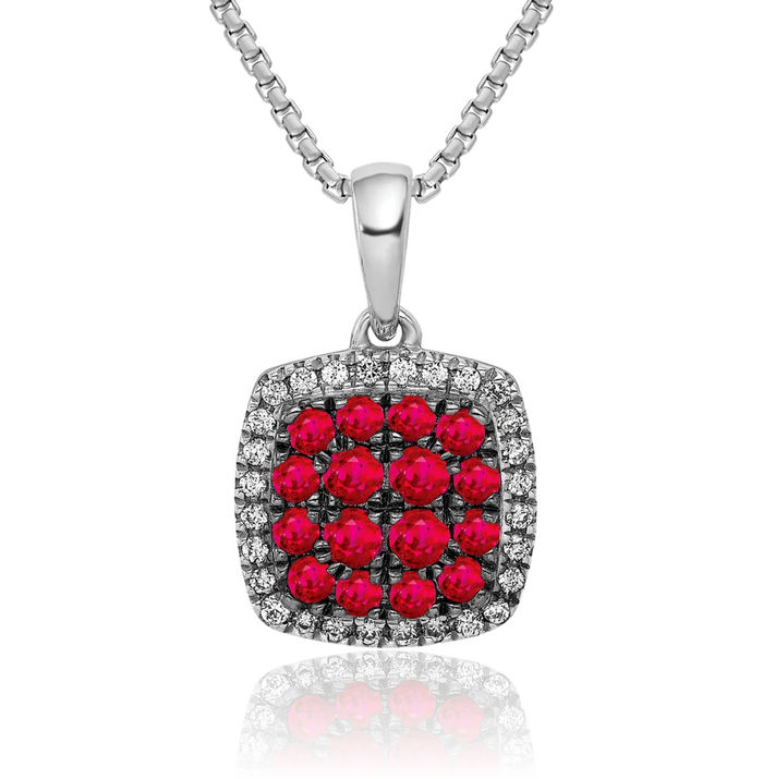 14K Solid White Gold Diamond Red Ruby Square Halo Round Necklace Gemstone Pendant Charm