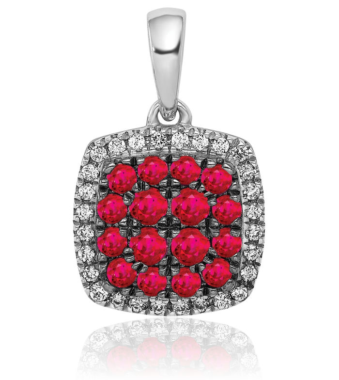 14K Solid White Gold Diamond Red Ruby Square Halo Round Necklace Gemstone Pendant Charm