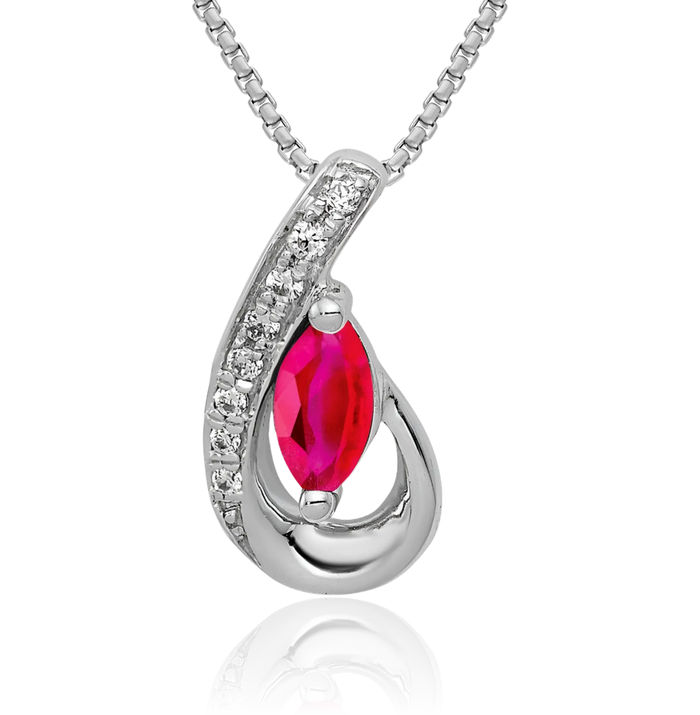 14K Solid White Gold Diamond Red Ruby Teardrop Floating Chain Slide Gemstone Pendant Necklace Charm