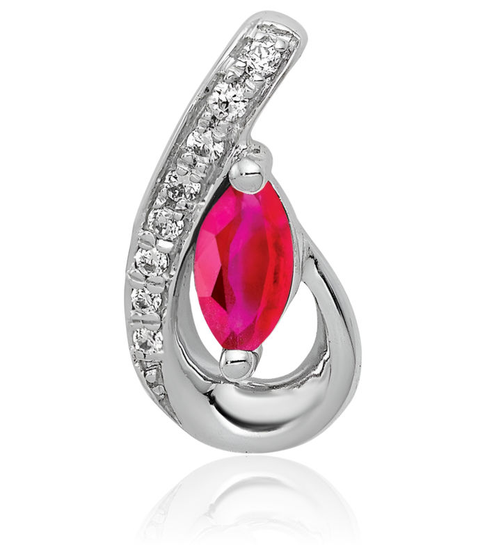 14K Solid White Gold Diamond Red Ruby Teardrop Floating Chain Slide Gemstone Pendant Necklace Charm
