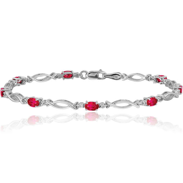 14K Solid White Gold Diamond Red Ruby Chain Gemstone Tennis Bracelet