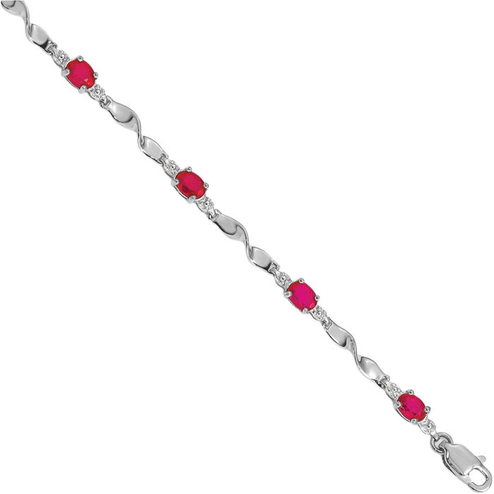 14K Solid White Gold Diamond Red Ruby Chain Gemstone Tennis Bracelet