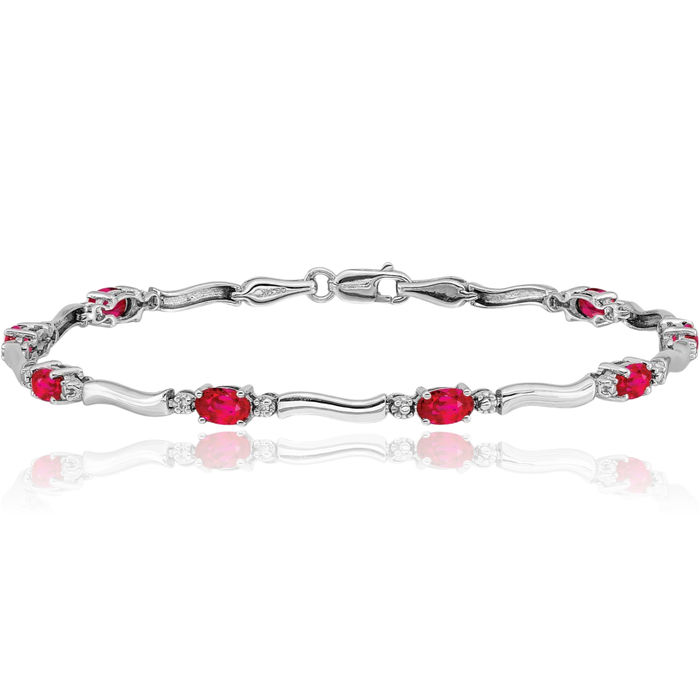 14K Solid White Gold Diamond Red Ruby Chain Gemstone Tennis Bracelet