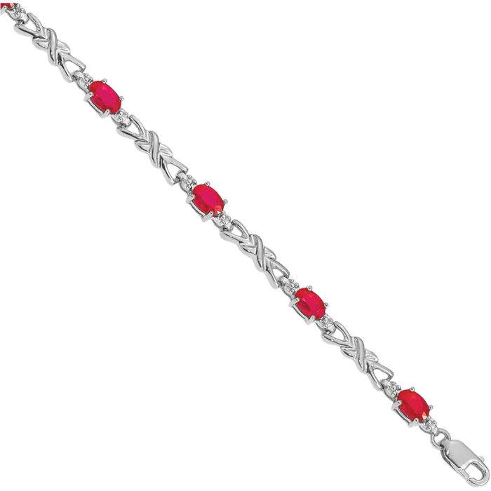 14K Solid White Gold Diamond Red Ruby Chain Gemstone Tennis Bracelet