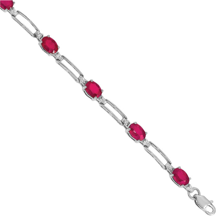 14K Solid White Gold Diamond Red Ruby Chain Gemstone Tennis Bracelet