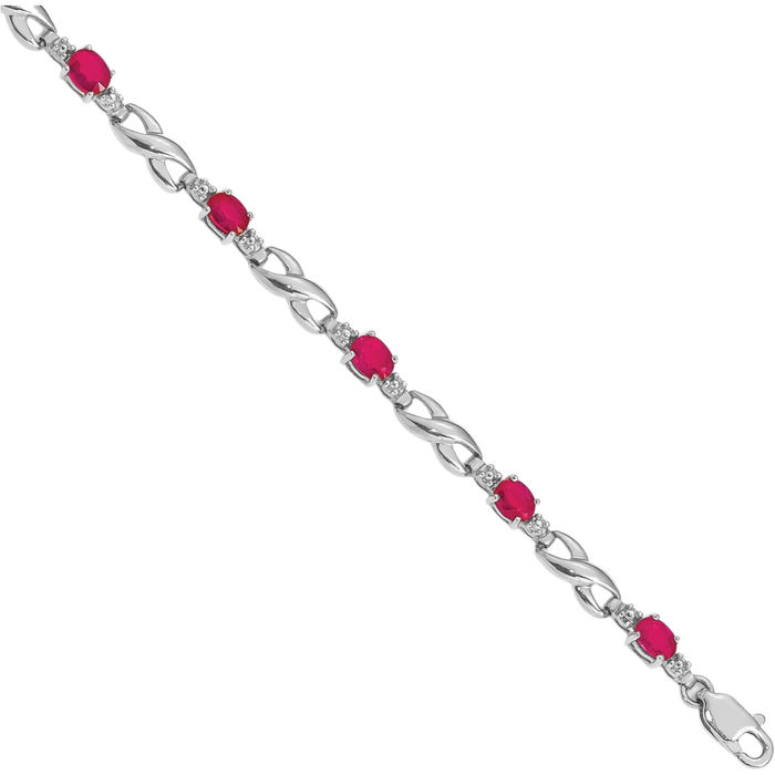 14K Solid White Gold Diamond Red Ruby Chain Gemstone Tennis Bracelet