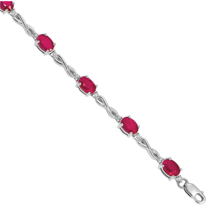 14K Solid White Gold Diamond Red Ruby Chain Gemstone Tennis Bracelet