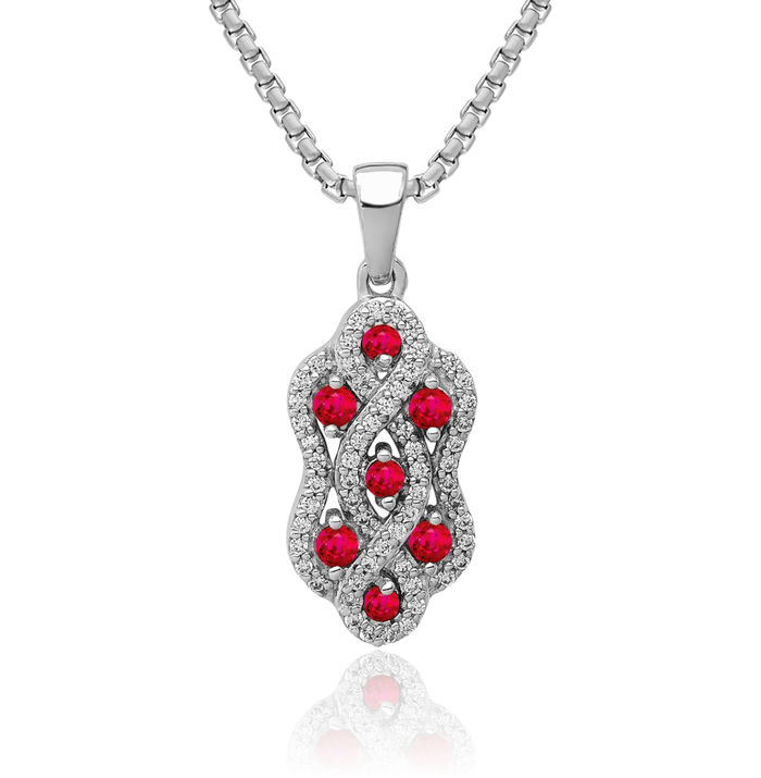 14K Solid White Gold Diamond Red Ruby Twisted Necklace Gemstone Pendant Charm