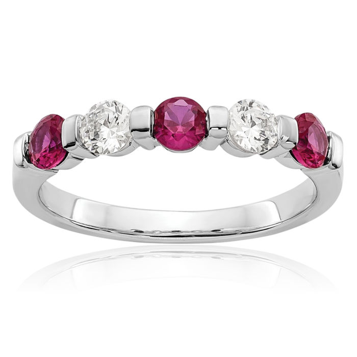 14K Solid White Gold Diamond Red Ruby Wedding Band Ring Gemstone July Birthstone Jewelry