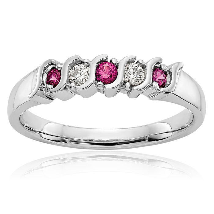 14K Solid White Gold Diamond Red Ruby Wedding Band Ring Gemstone July Birthstone Jewelry
