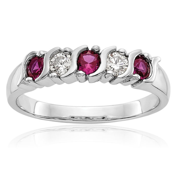 14K Solid White Gold Diamond Red Ruby Wedding Band Ring Gemstone July Birthstone Jewelry