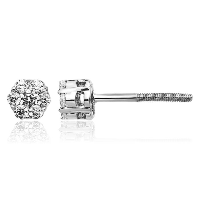 14K Solid White Gold Diamond Screw Back Stud Earrings