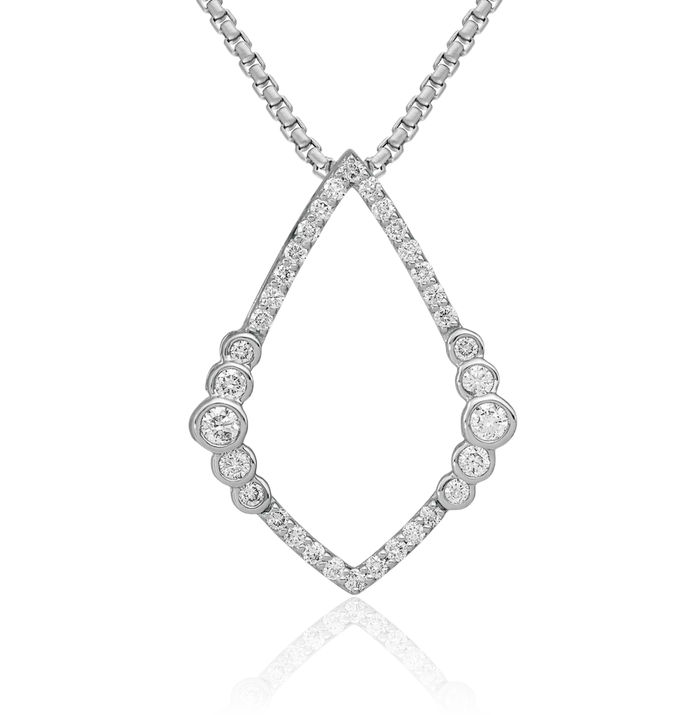 14K Solid White Gold Diamond Set Teardrop Floating Chain Slide Pendant Necklace Pear Charm