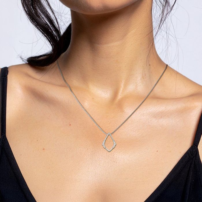 14K Solid White Gold Diamond Set Teardrop Floating Chain Slide Pendant Necklace Pear Charm