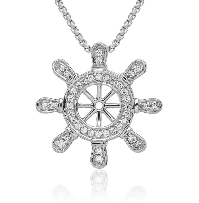 14K Solid White Gold Diamond Ship Wheel Necklace Chain Pendant Charm